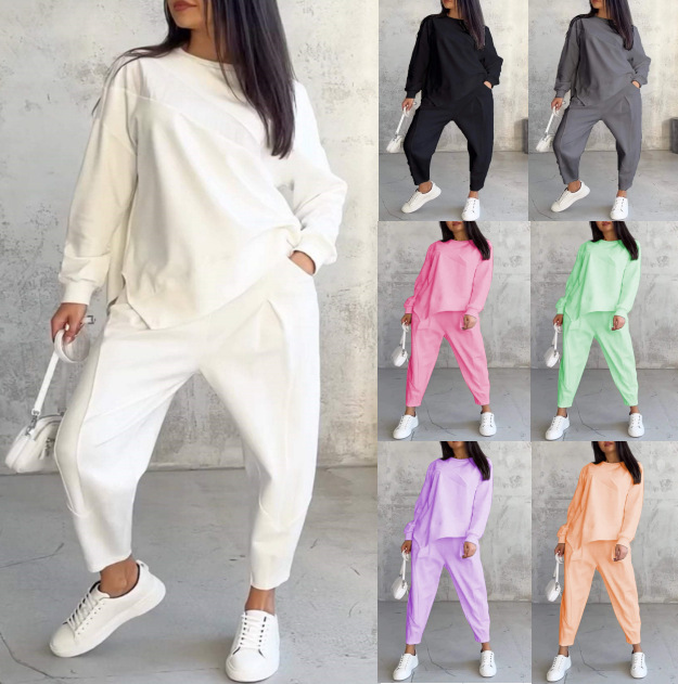 2026 Autumn/Winter European and American Cross-Border Independent Website New Women's Casual Round-Neck Loose Irregular Long-Sleeve Sweatshirt Set
