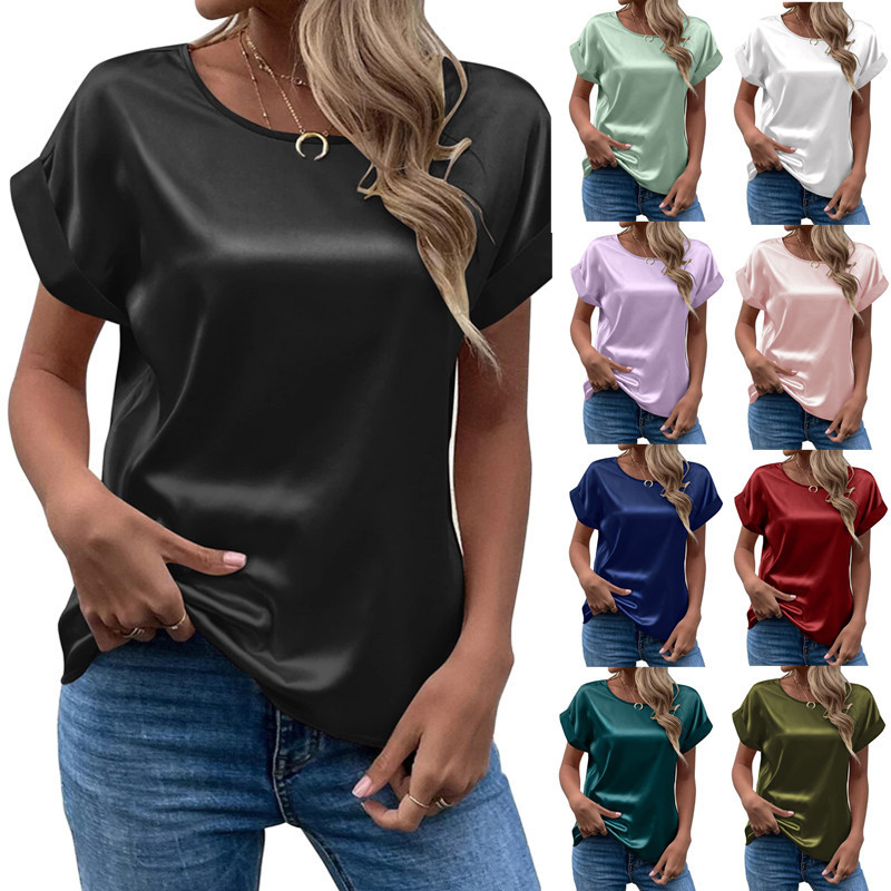 Fashionable 2026 Summer Export Supply Ol Style Satin Pullover Round Neck Straight-Cut Women's T-Shirt Direct Supply
