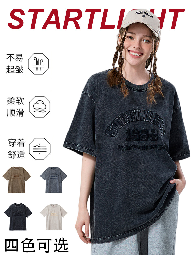 American-Style Summer 260g Letter 3D Printed Loose Embroidered Short-Sleeve Men's T-Shirt, Pure Cotton Round Neck High-End Top, Women's T-Shirt
