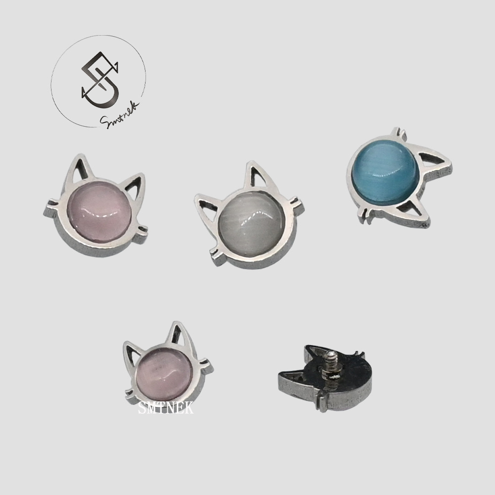 SMTNEK titanium steel outer teeth multicolor opals viscose cute kitten lip studs earrings stainless steel piercing jewelry