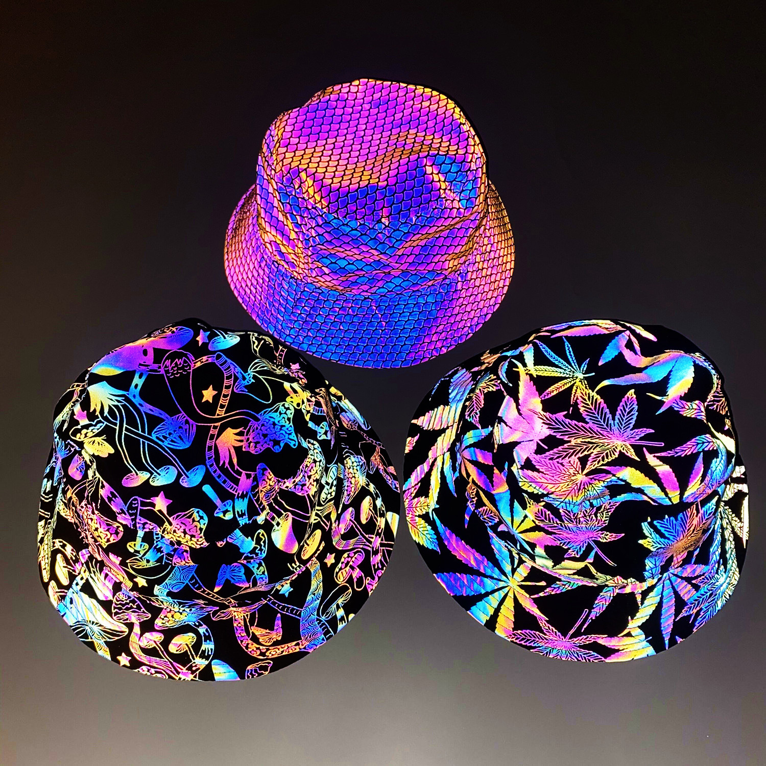 Manufacturer Wholesale Fashionable Outdoor Colorful Reflective Fisherman Hat European and American Men and Women Nightclub Hip-Hop Luminous Basin Hat Sun Hat