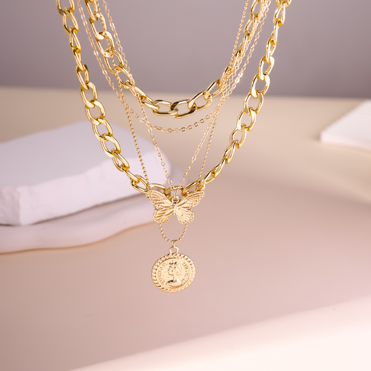 European and American multi-layered wearing Amazon fashion vintage coin cross butterfly pendant necklace exquisite thick chain