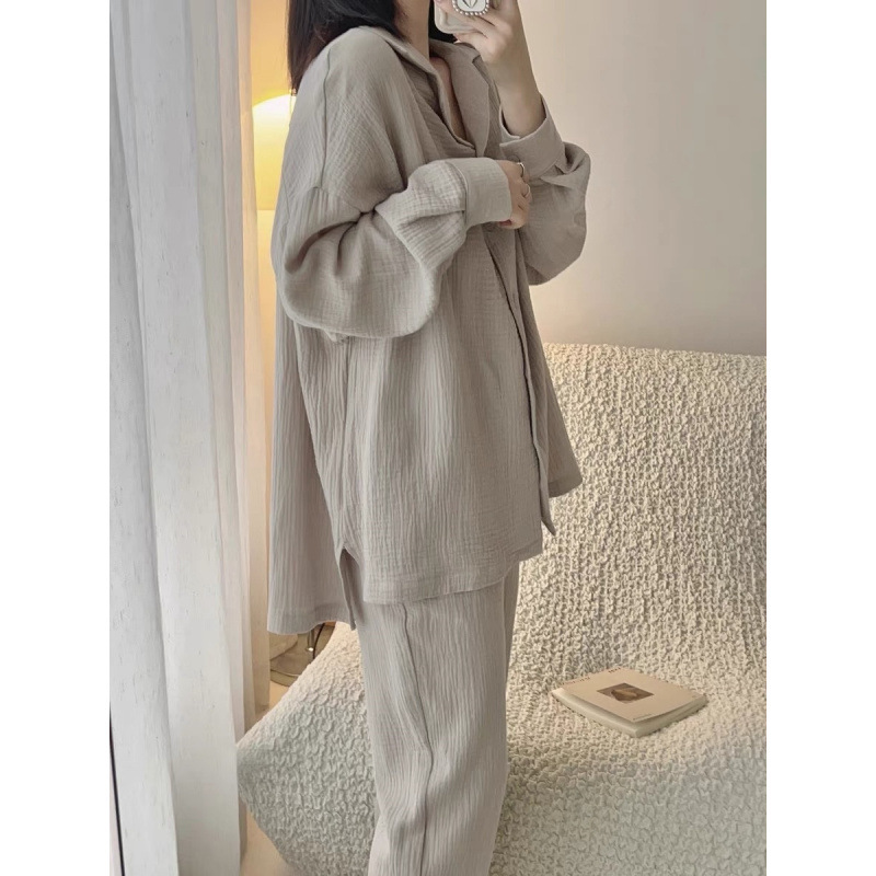 Japanese Cotton Gauze Double Layer Thin Pajamas for Women 100% Cotton Spring and Autumn Long Sleeve suit for Men and Women Home Clothes
