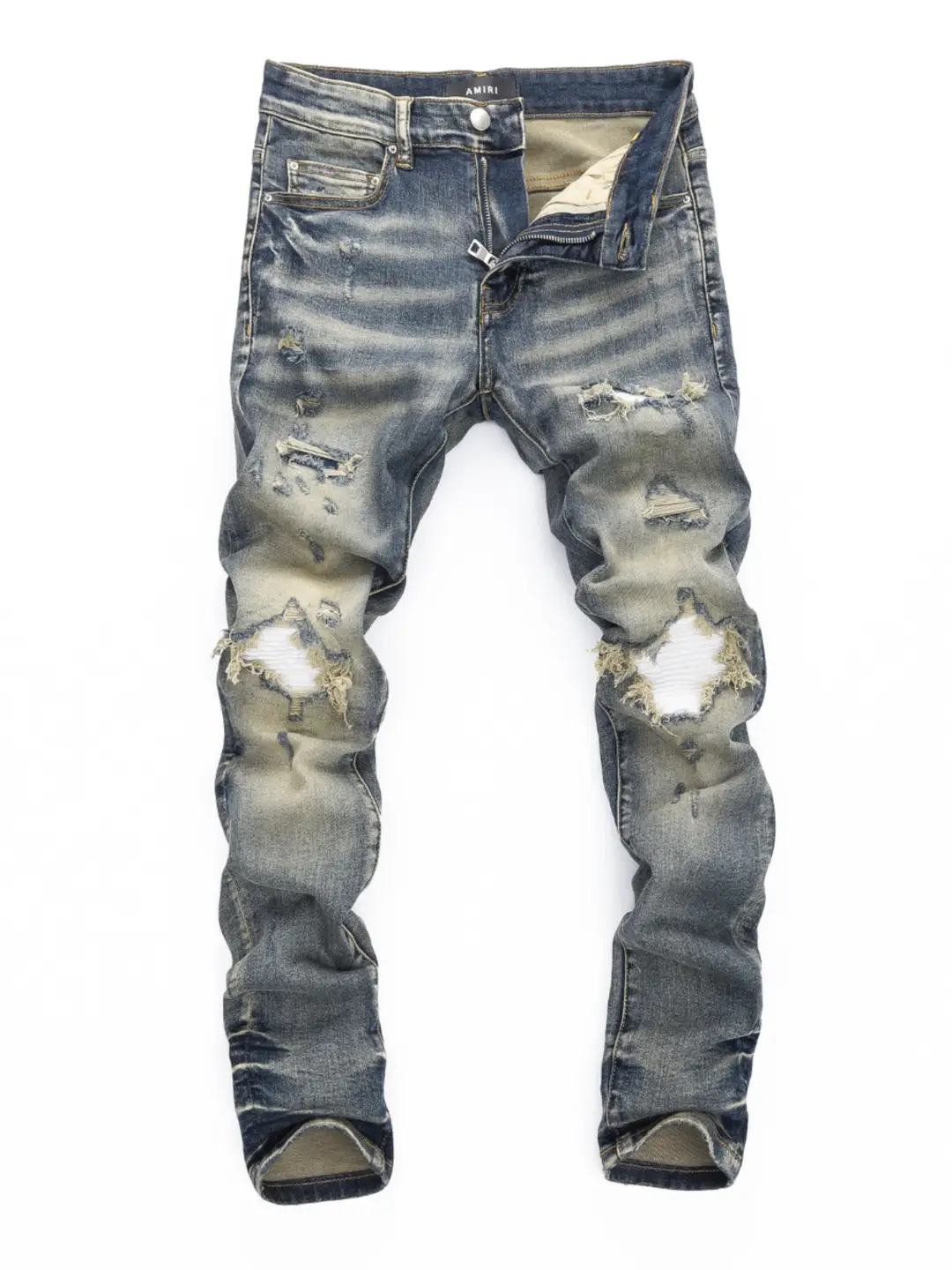 High Street Fashion Brand Amr New Men's Vintage Distressed Ripped Jeans White Patch Stretch Slim Fit Skinny Pants