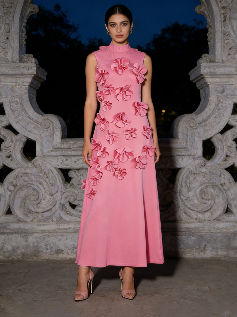 French-Style Floral Patchwork Dress for Women, 2026 Summer New Model, High-End Resort Style, Stand Collar, Sleeveless Long Dress