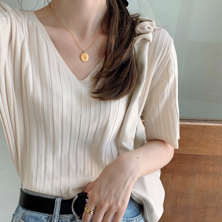 Foreign Trade Style Candy-Colored Women's Top 2026 Summer Thin Short-Sleeve Knit T-Shirt with V-Neck Loose Base Shirt
