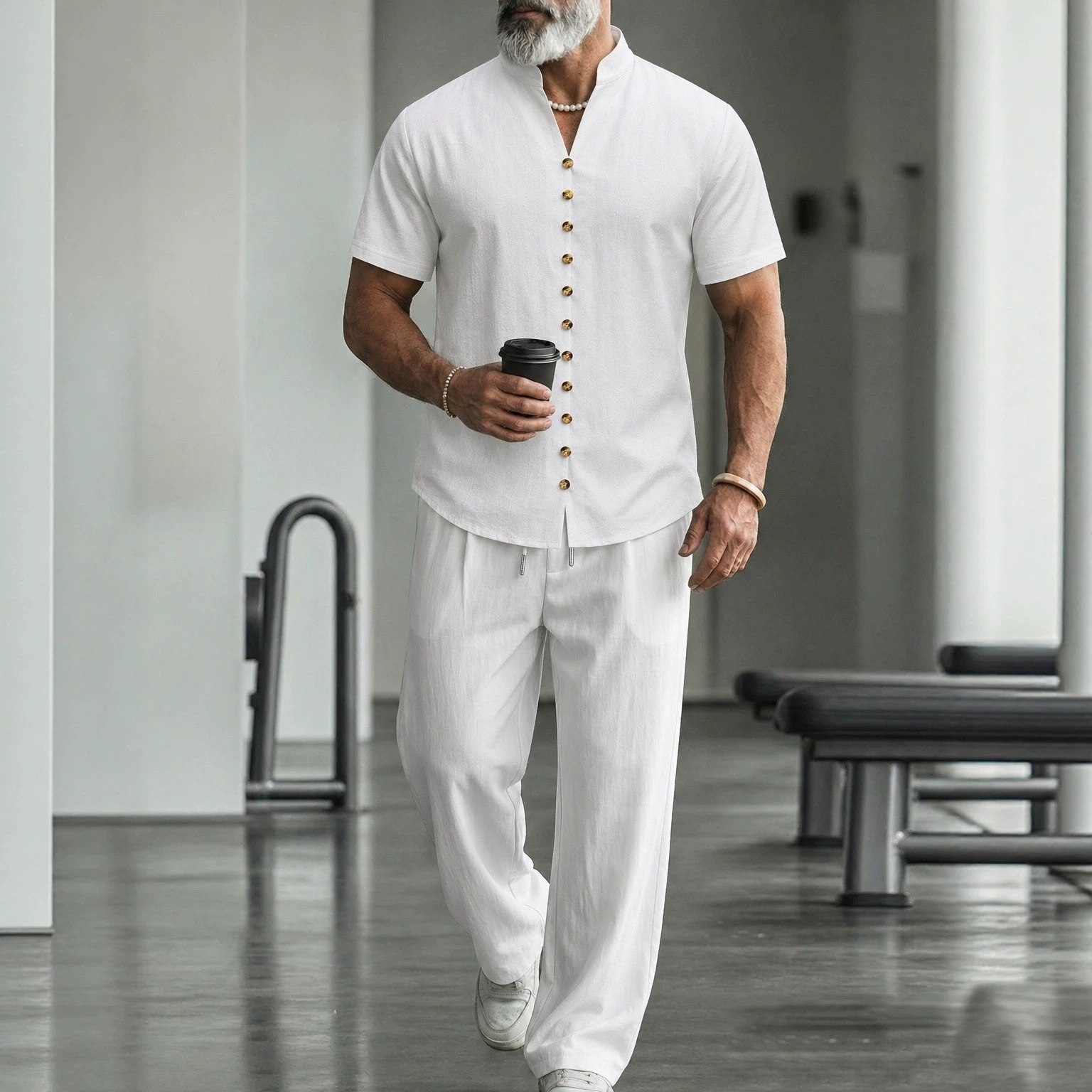 2026 Summer Cross-Border Independent Station European and American Retro Cotton and Linen Button Stand Collar Short Sleeve Shirt Set for Men