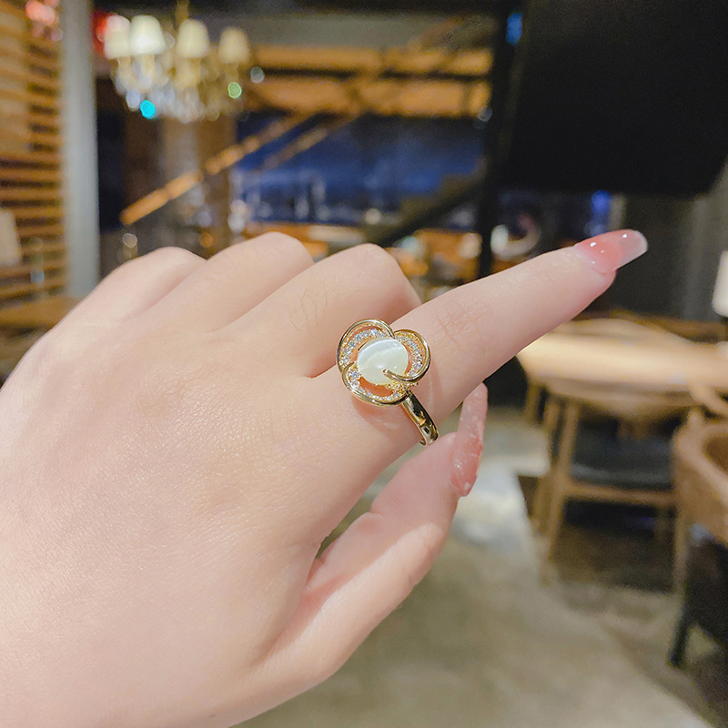Real Gold plated copper inlaid zircon exaggerated ring light luxury ins cold wind adjustable Opal temperament ring for women