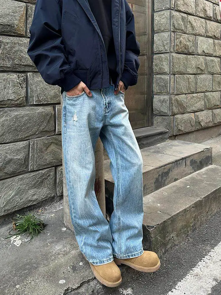 American high street vintage lightning cracked washed blue jeans Cleanfit loose straight tube micro flared worn pants