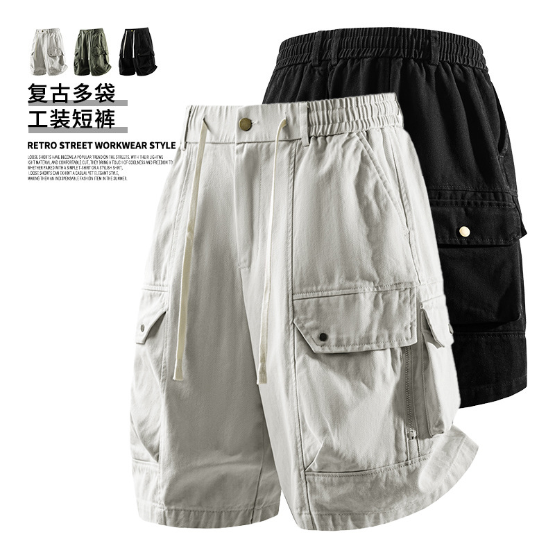 Cross-Border New European and American Washed Cotton Cargo Shorts Summer Trendy Brand Five-Point Pants Men's Large Size Casual Sports Pants