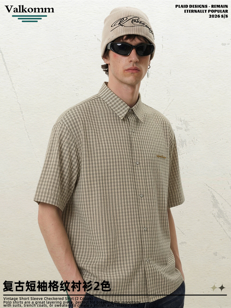 Laiket Trendy Brand Retro Plaid Short-Sleeved Shirt for Men 2026 Summer New Style Loose Casual Design Embroidered Shirt