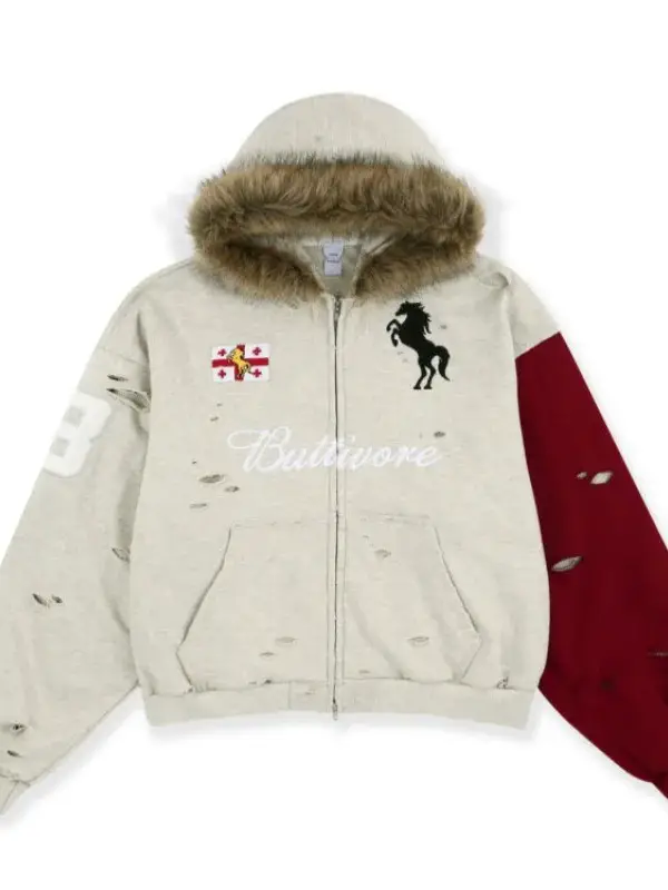 Beige and red distressed hoodie, horse pattern jacket