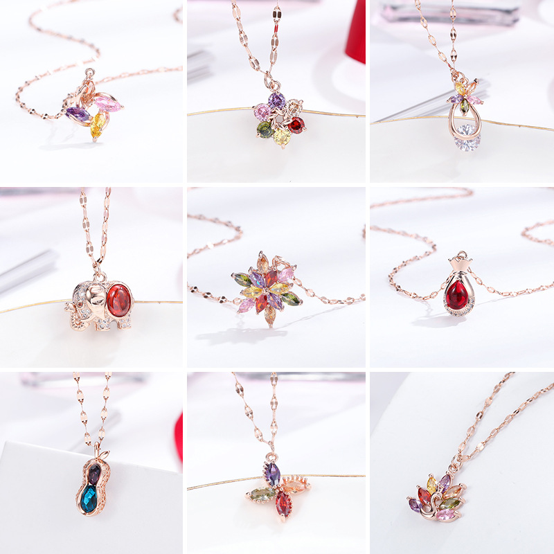 European and American Creative Colorful Flower Lip Chain Titanium Steel Necklace Female Personalized Fox Pendant 14K Gold Geometric Clavicle Chain