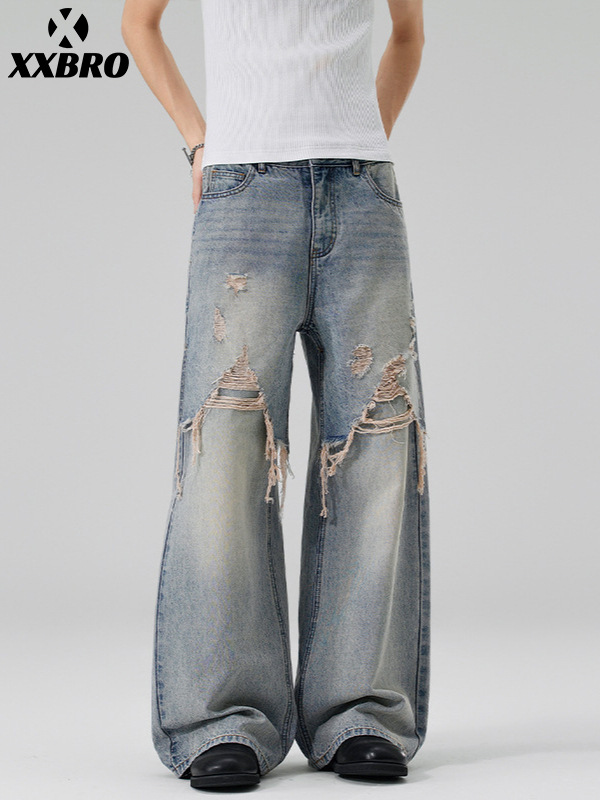 Muxi Clothing # American-Style Trendy High-Street Ripped Skirt-Pants A-Line Straight-Leg Wide-Leg Floor-Length Loose Jeans for Men.
