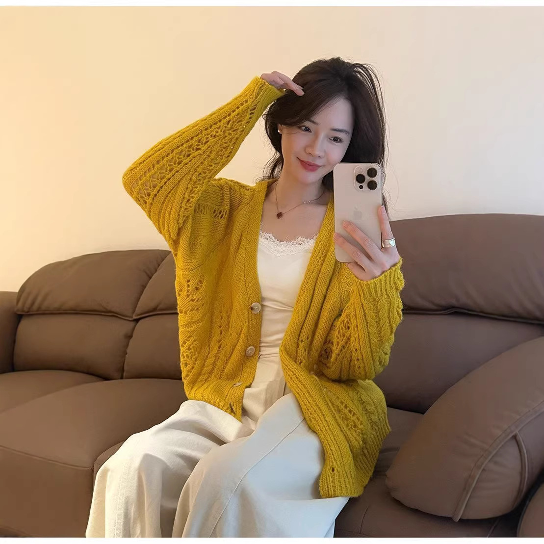 Gentle Yellow Hollow-Out Knit Cardigan with a Stylish Vibe, 2026 Early Spring and Autumn Thin Sweater Jacket, V-Neck Women's Top