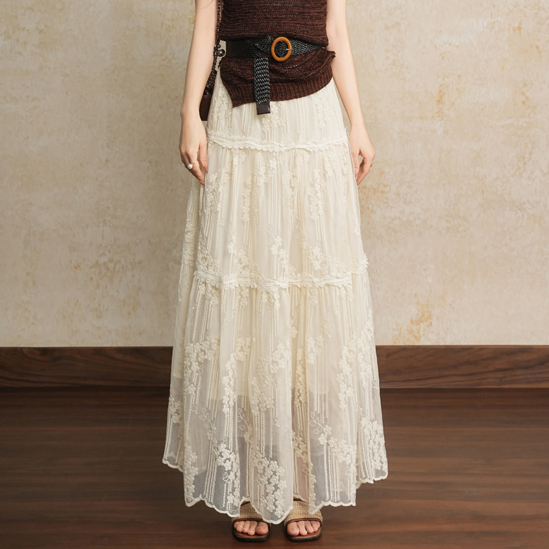 High-End Design, Fashionable Mesh Embroidered High-Waisted Skirt for Women, New Spring Product, Exquisite and Age-Reducing, Super Fairy A-Line Skirt