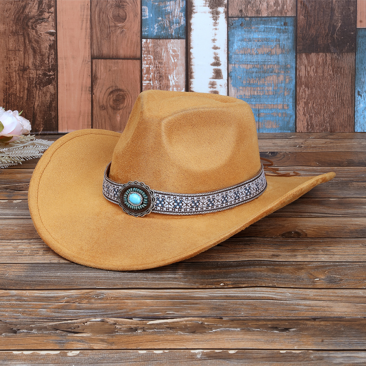 European and American Cross-Border Best-Selling Jazz Hats for Men and Women, Xizang-Style Travel Hats, Prairie Western Cowboy Hats, Turquoise Woolen Hats