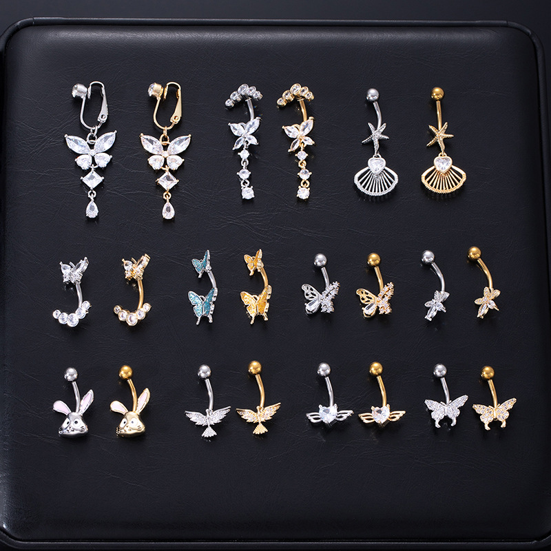Cross-Border Hot-Selling Colorful Zircon Spiral Piercing Belly Button Ring, European and American Style Belly Button Clip, Colorful Butterfly and Rabbit Belly Button Ring