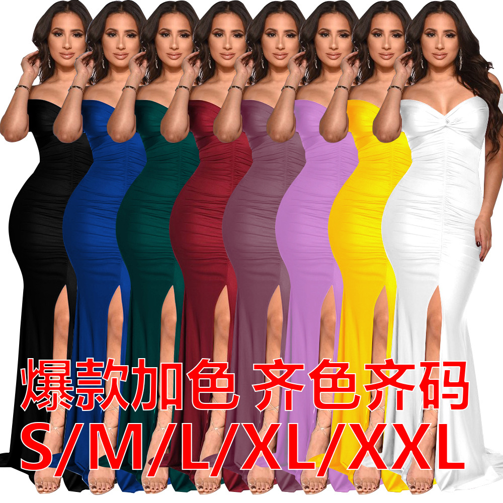 10062 Europe and the United States cross-border women's clothing Amazon 2022 spring and summer V-neck off-shoulder hip dress pleated split dress