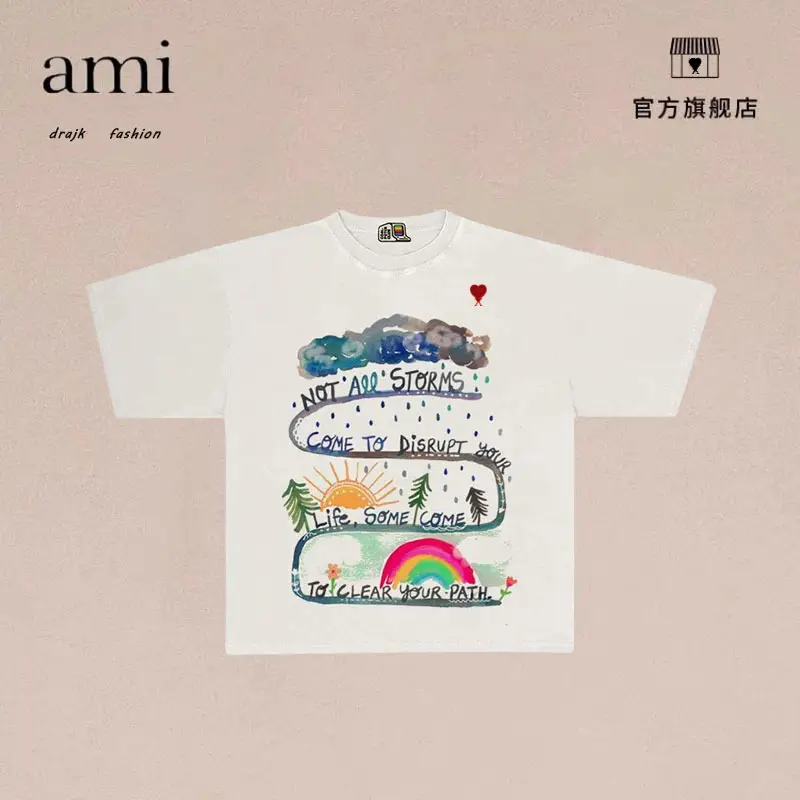 Authentic Ami Drajk Short-Sleeved T-Shirt Art Niche Print Loose Half-Sleeved Men and Women Spring and Summer Easiest for match Tops Trendy