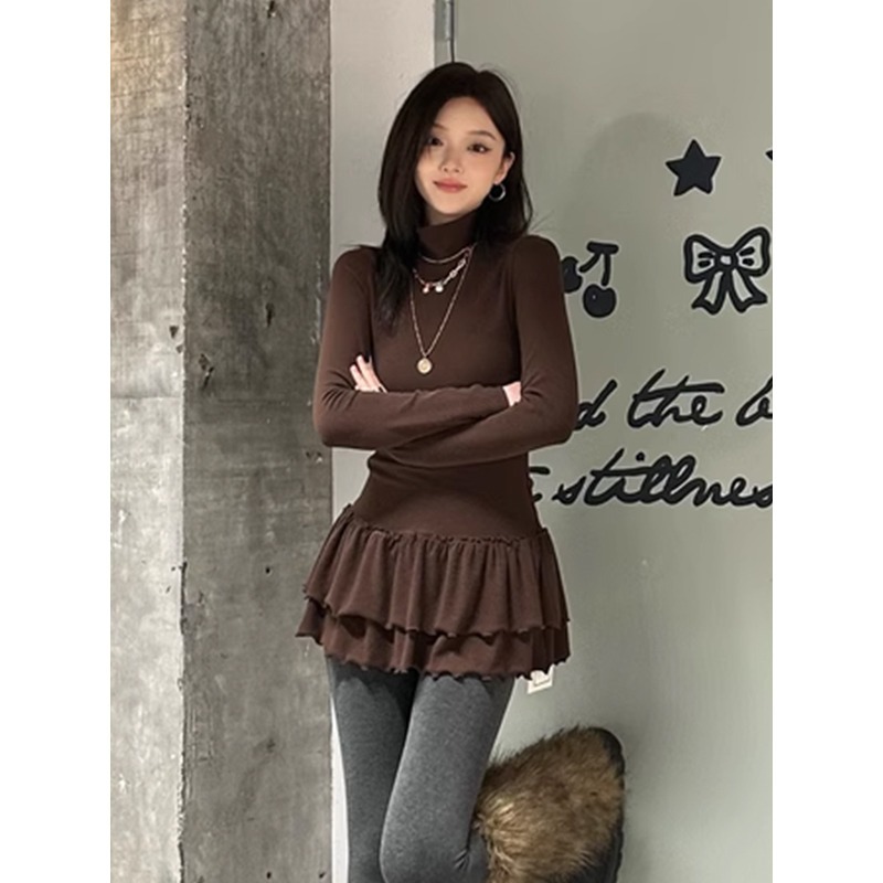 Modal Man Cotton High Collar Knitted dress Women's Autumn and Winter Slim-fit Slimming Base Skirt with Wood-ear Edge Trendy Short Skirt