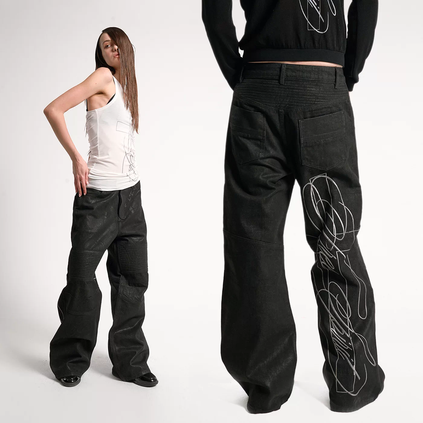 Noemosen(Noe) Waxed Embroidery Heavy-Duty Knee Pads Baggy Motorcycle Straight-Leg Waxed Black 13.5oz Jeans