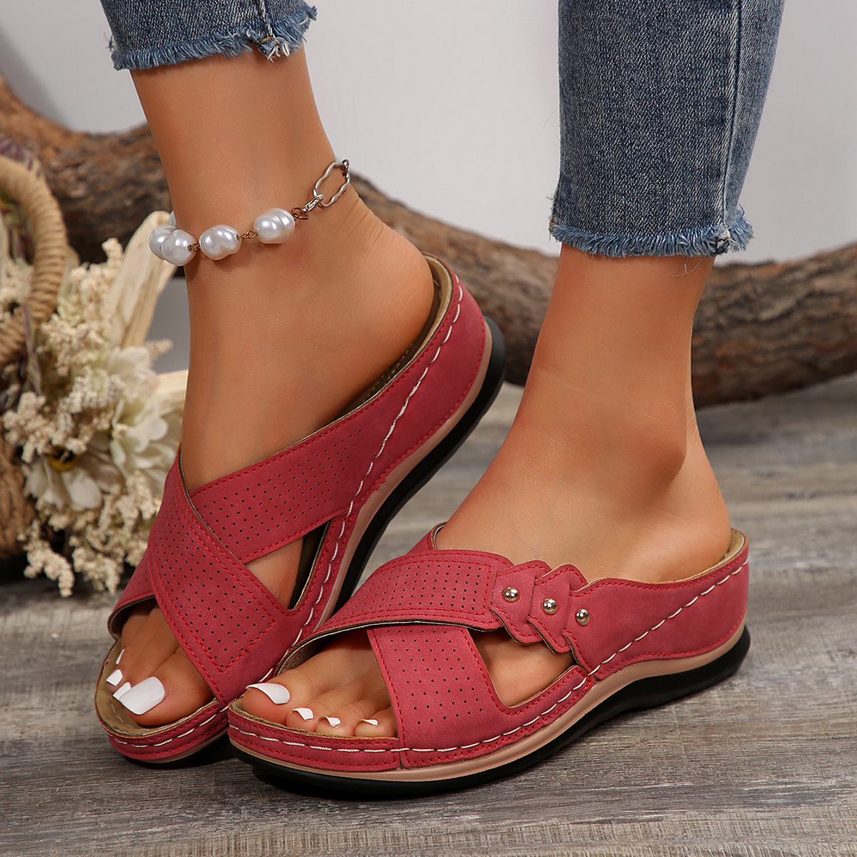 2024 New Foreign Trade Summer Women's Thick Bottom Wedge Slippers Cross-border plus size Casual Cross Rivet Decorative Slippers for Women