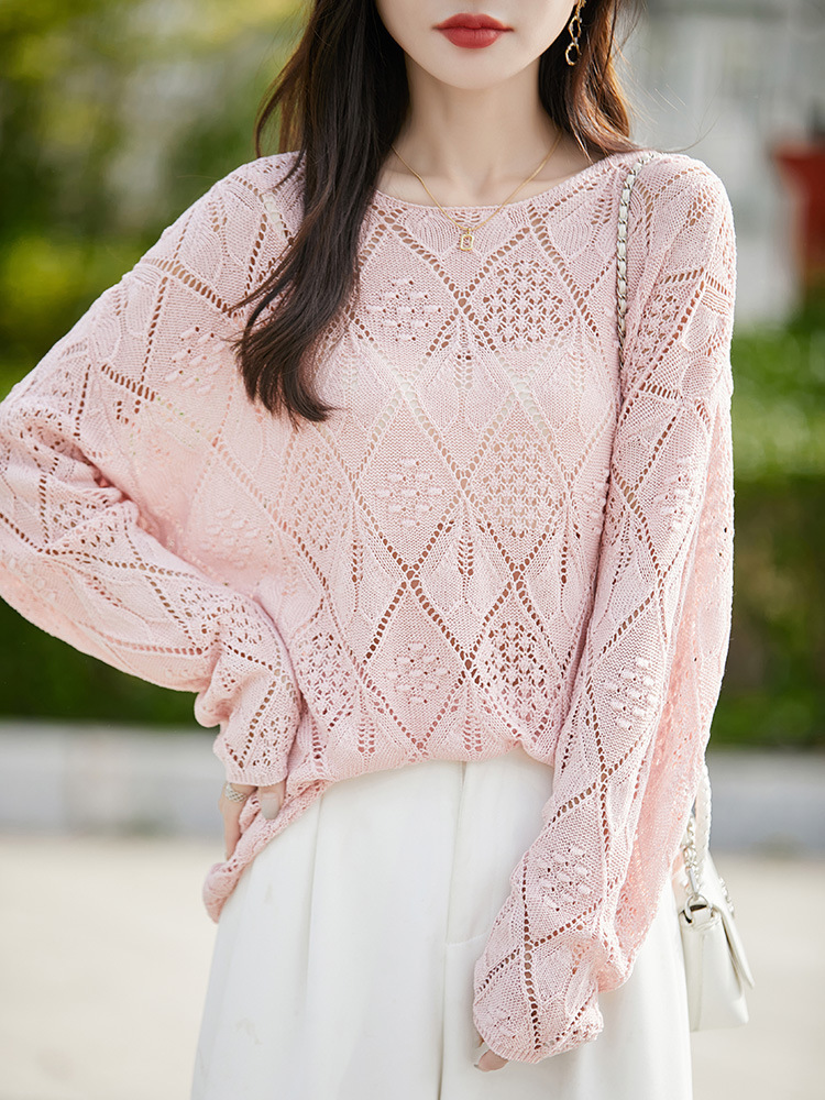 Versatile Solid Color Knitted Pullover Long-Sleeve New Round-Neck Long-Sleeve Base Shirt with Hollow-Out Crochet Thin Top for Women