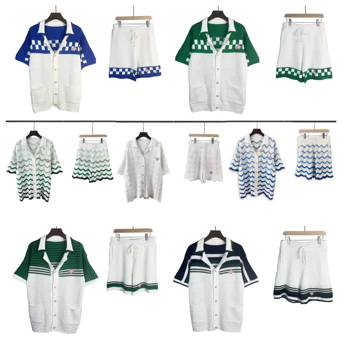 Casablanca Pearl Buttons Contrast Color Cut Out Knitwear Sweater Men's and Women's Short-Sleeved Cardigan shorts Suit Summer