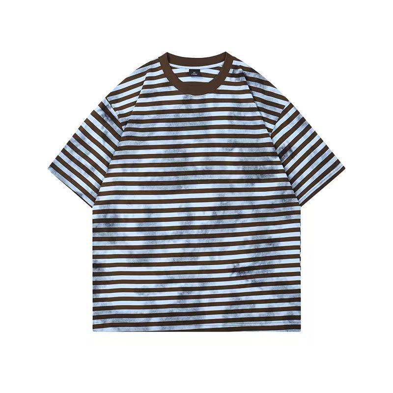 2025 Cross-border Sea Soul Shirt Short-sleeved T-shirt Men's and Women's Summer American Fashion Tie-dyed Old Vintage Striped Half-sleeved Shirt