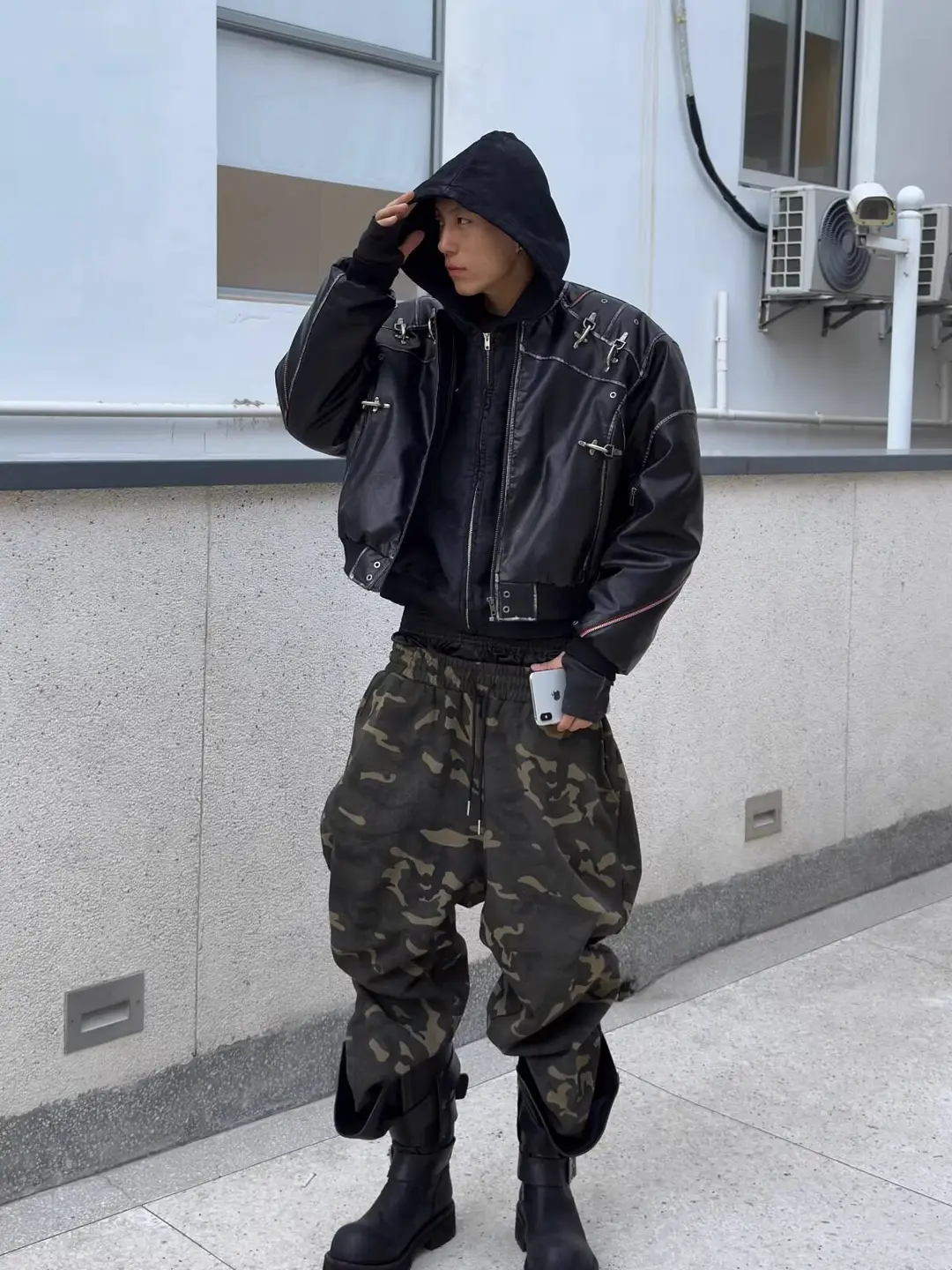 Th4Swe Pilot Jacket, Color-Washed Leather, Distressed Airplane Buckle Jacket, Cotton Jacket
