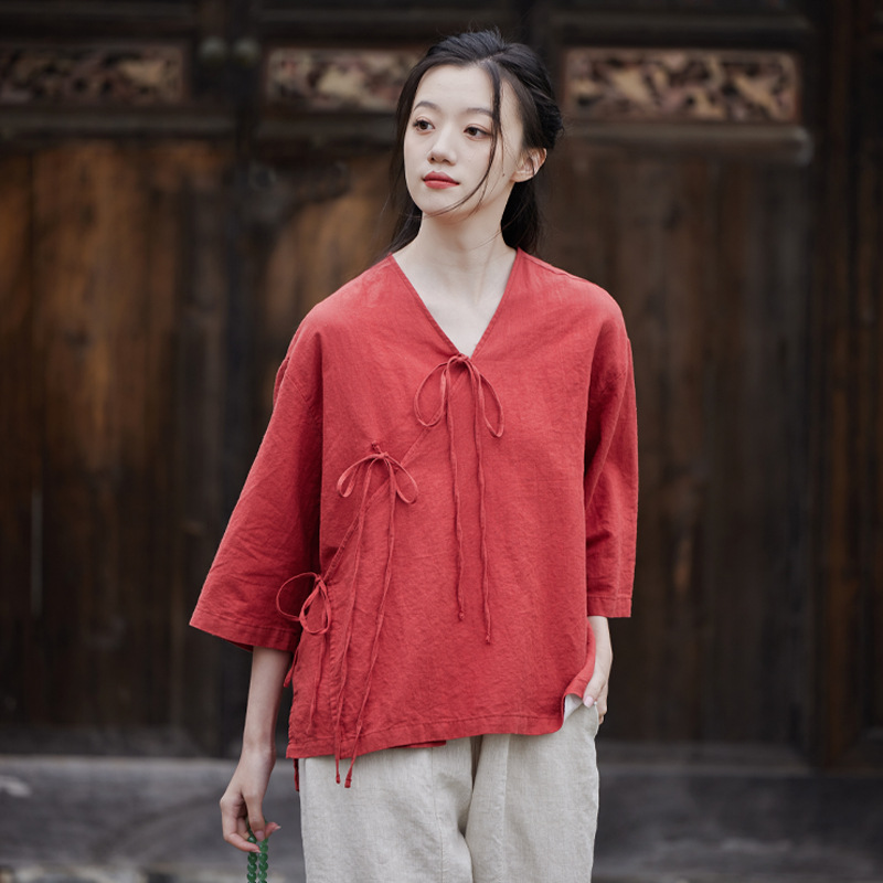 26 Original Cotton and Linen Women's Clothing with Chinese Style and Zen-Inspired Design, Diagonal Collar, Sand-Washed, Thin, Tie-Up V-Neck Loose Top Shirt, Women's Cardigan