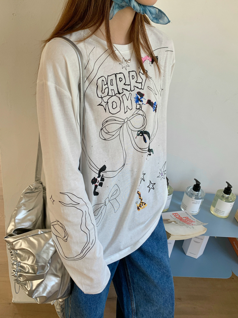 Gagd Paper-Thin Slim-Fit Retro Round-Neck Loose T-Shirt for Women with Bow Print Design Long-Sleeve Thin Top