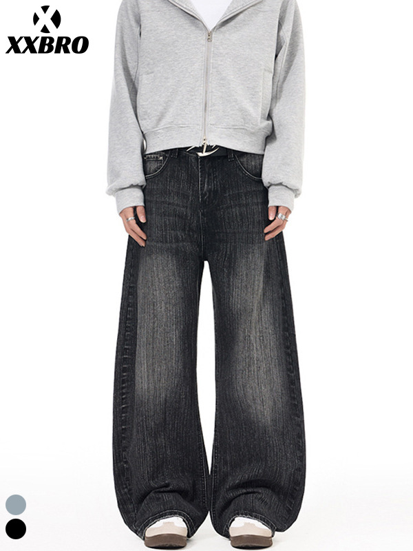 Muxi Clothing # American High Street Fashion Brand Retro Washed Vintage Slub Cotton Loose Versatile Scimitar Jeans for Men