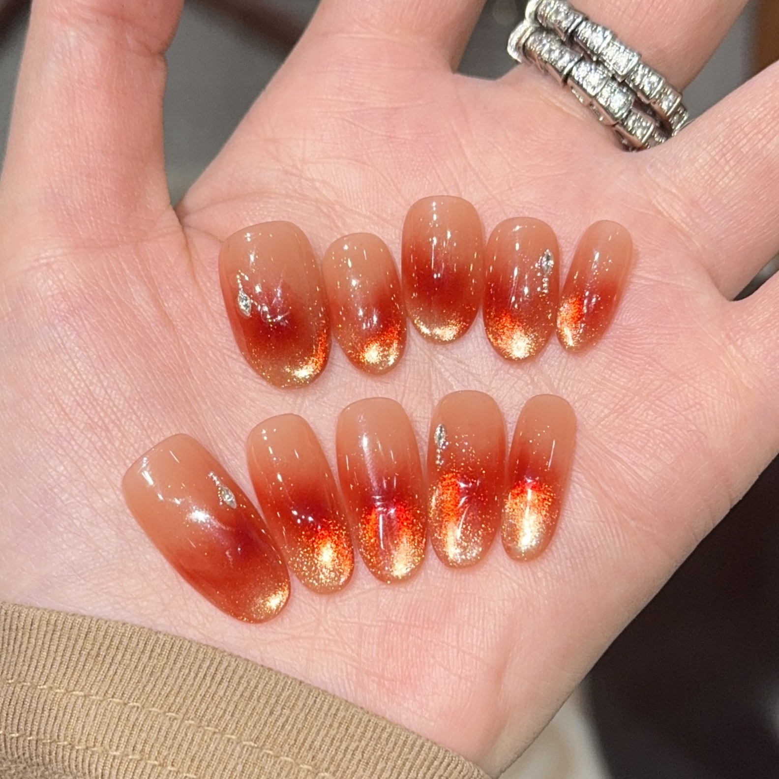 【Red Agate】Purely Hand-Painted Cat-Eye Ins-Style New Year Handmade Wearable Short Nail Art Stickers Fake Nails