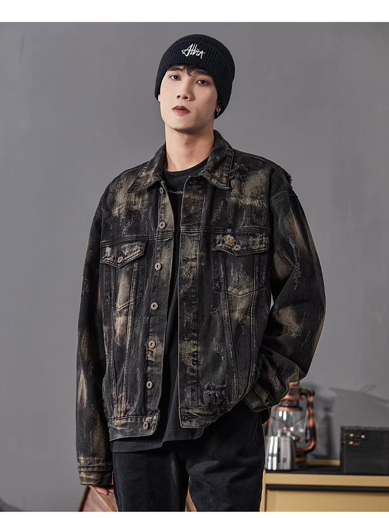 Foreign trade Denim tie-dyed washed big hole men's spring and autumn American retro design gradient Denim jacket coat