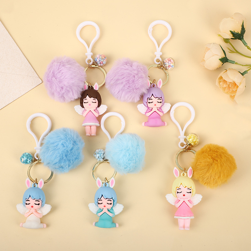 Cross-Border Wholesale Angel Girl Keychain Cute Hairpin Accessories Gift Trendy Toy Doll Fur Ball Small Pendant Ready for Sale