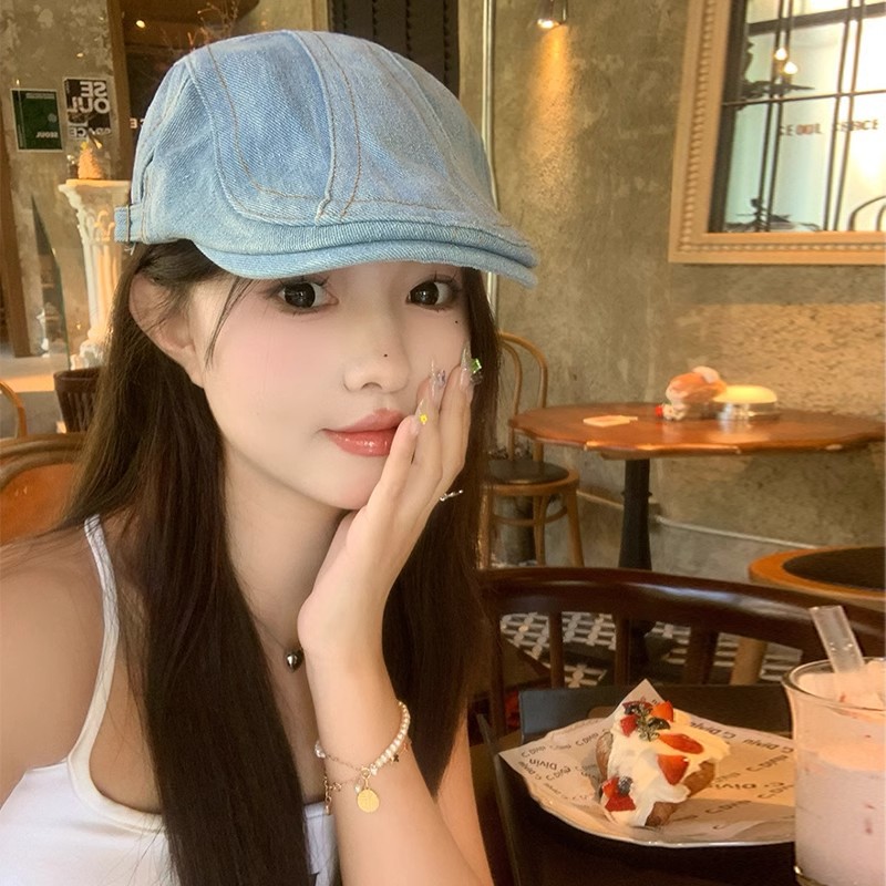 Japanese Style Vintage Washed Denim Forward Hat Women's Anti-wearing Big Head Wrap Painter's Hat Spring and Summer Shown Face Small Bailey Hat