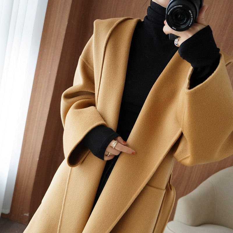 Double-Sided Cashmere Coat Women's Mid-Length Hooded Autumn and Winter New Loose Lace-Up Elegant All-Wool Wool Coat