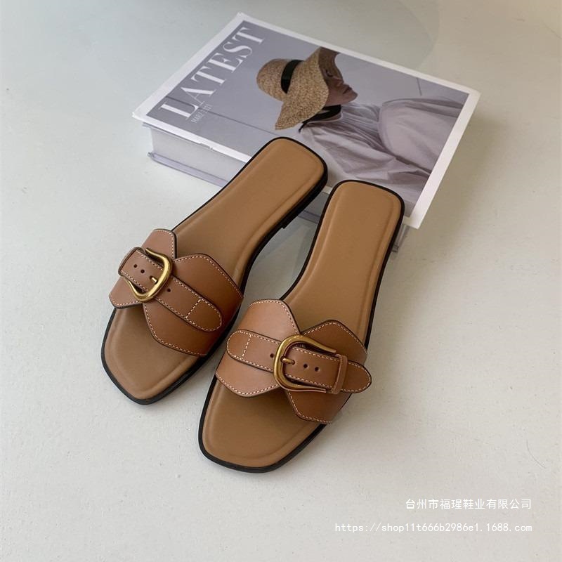 2025 New Metal Belt Buckle Flip-Flops for Women Summer Outer Wear Flats Fashion Sandals Square Toe Soft Bottom Women's Slippers