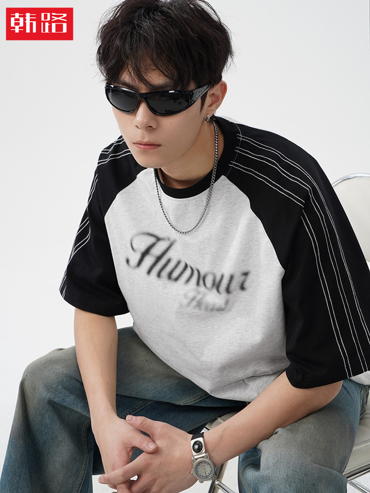 American Retro Style Color-Blocking Contrast Raglan Sleeve Short-Sleeve T-Shirt, New Summer Model with Fuzzy Dot Print, Couple's Half-Sleeve Q QC-foto från 1688 på Qualit.ly