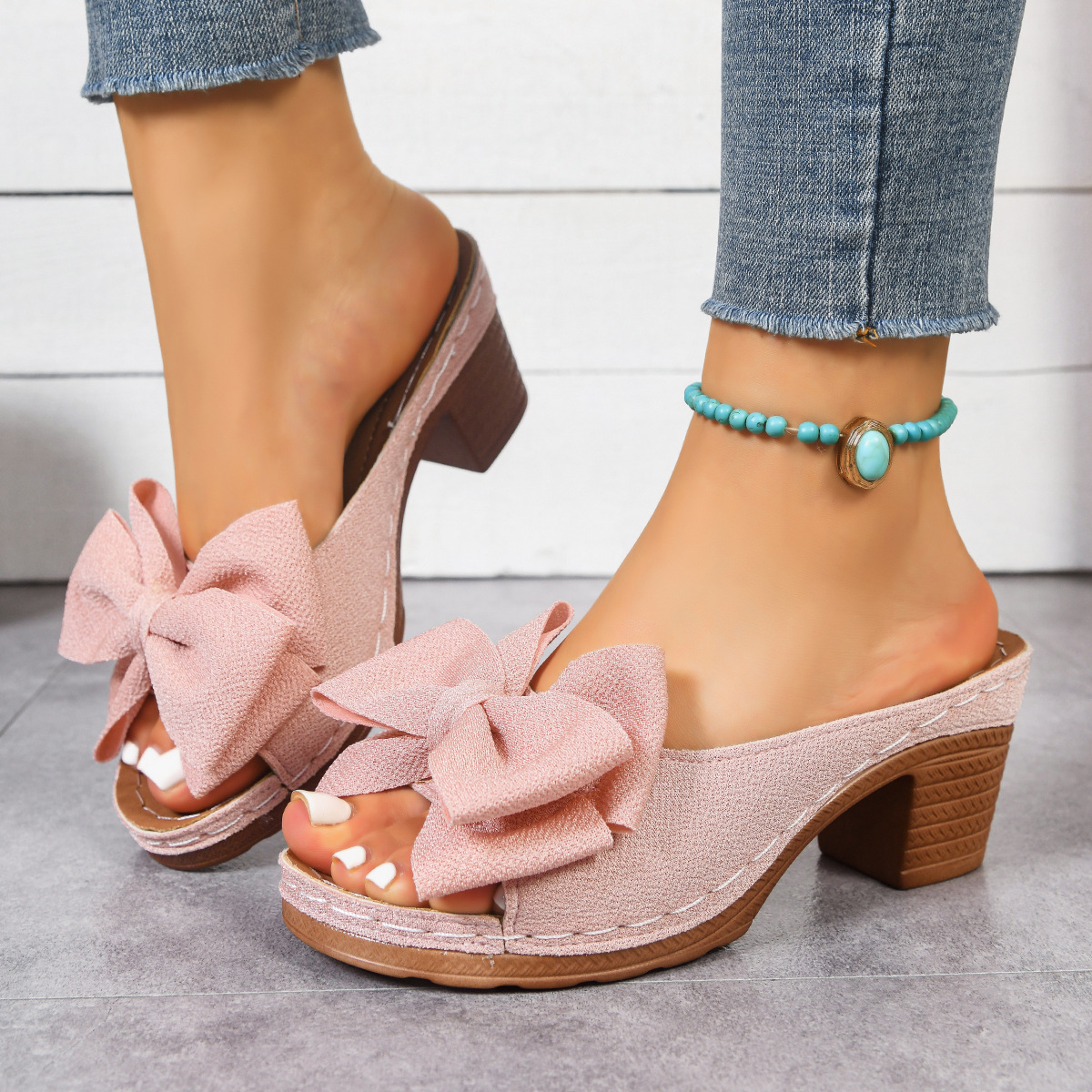 European and American Foreign Trade Large Size Fabric Wedge Heel Fish Mouth Sandals for Women, New Cross-Border High Heel Open Toe Chunky Heel Beach Sandals
