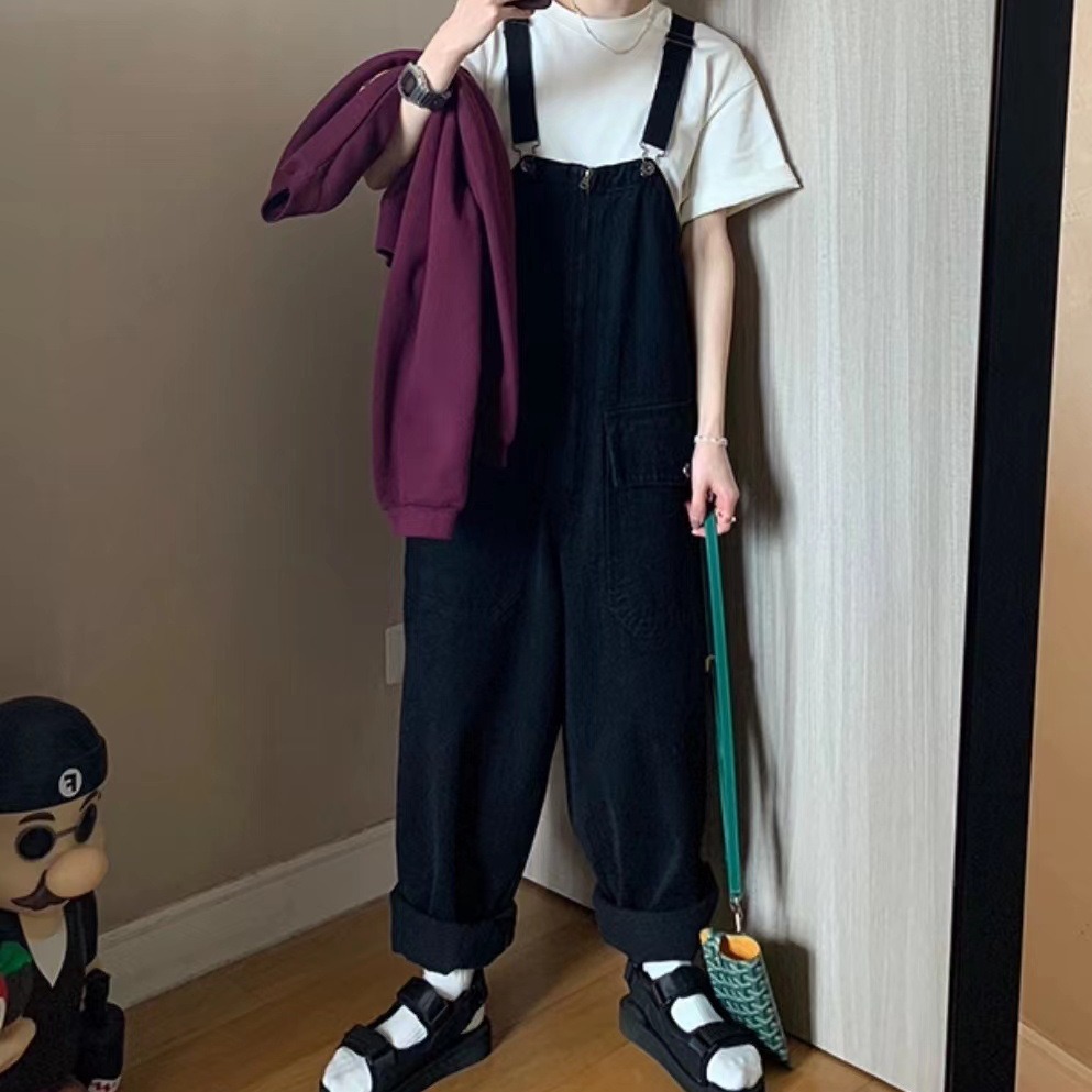 Japanese Style Vintage Tooling Denim Overalls Women's 2023 Spring Washed Old Loose Straight Body Strap Trousers