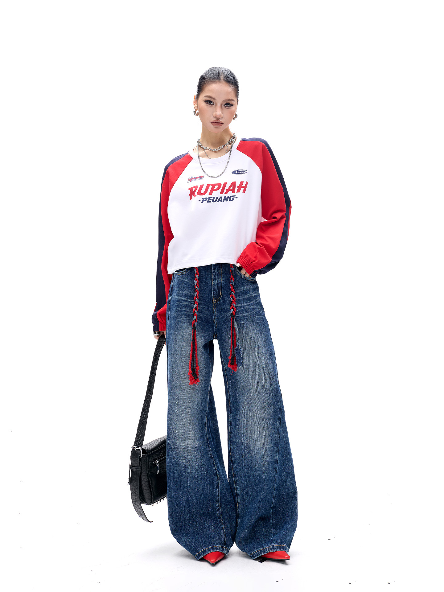 Tuogu Trendy Brand Raglan Sleeve Long-Sleeve T-Shirt for Women, New Spring Style, American-Style Color-Blocking Loose Round-Neck Sweatshirt, Short Top