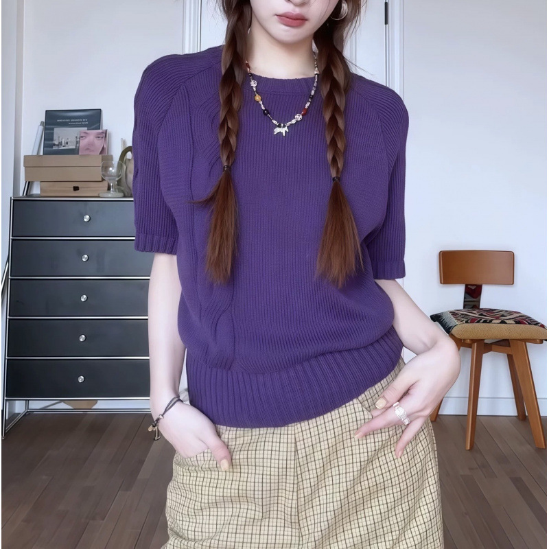 "3.30/Spring New Collection" Xuan Xiao Jie Korean-Style Design Grape Purple Twist Short-Sleeve Sweater for Women