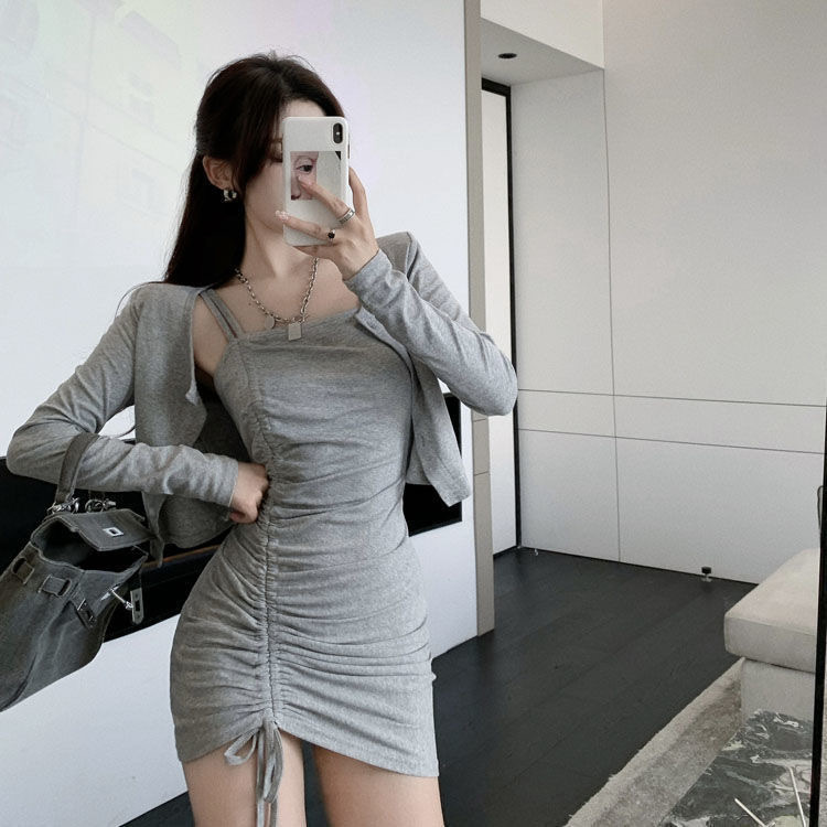 Early Autumn New Sexy Drawstring Bag Hip Suspender Dress Short Skirt + Cardigan Top Jacket Women's Suit Two-Piece Set