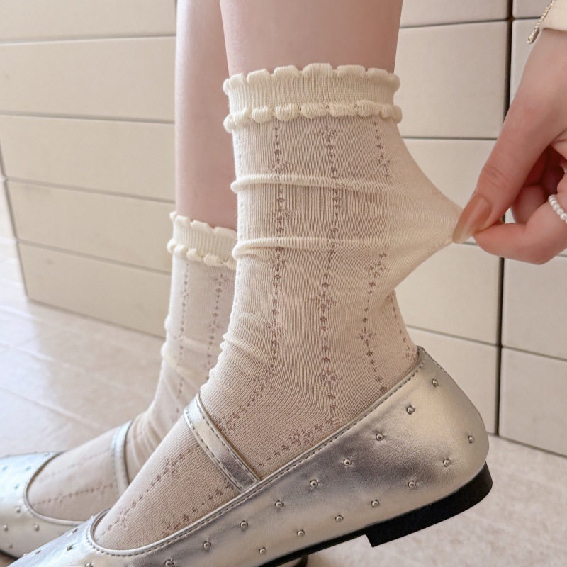 White Socks for Women, Mid-Calf Length, Summer Thin Mesh Breathable Ballet Style Seamless Bubble Edge Solid Color Slouch Socks