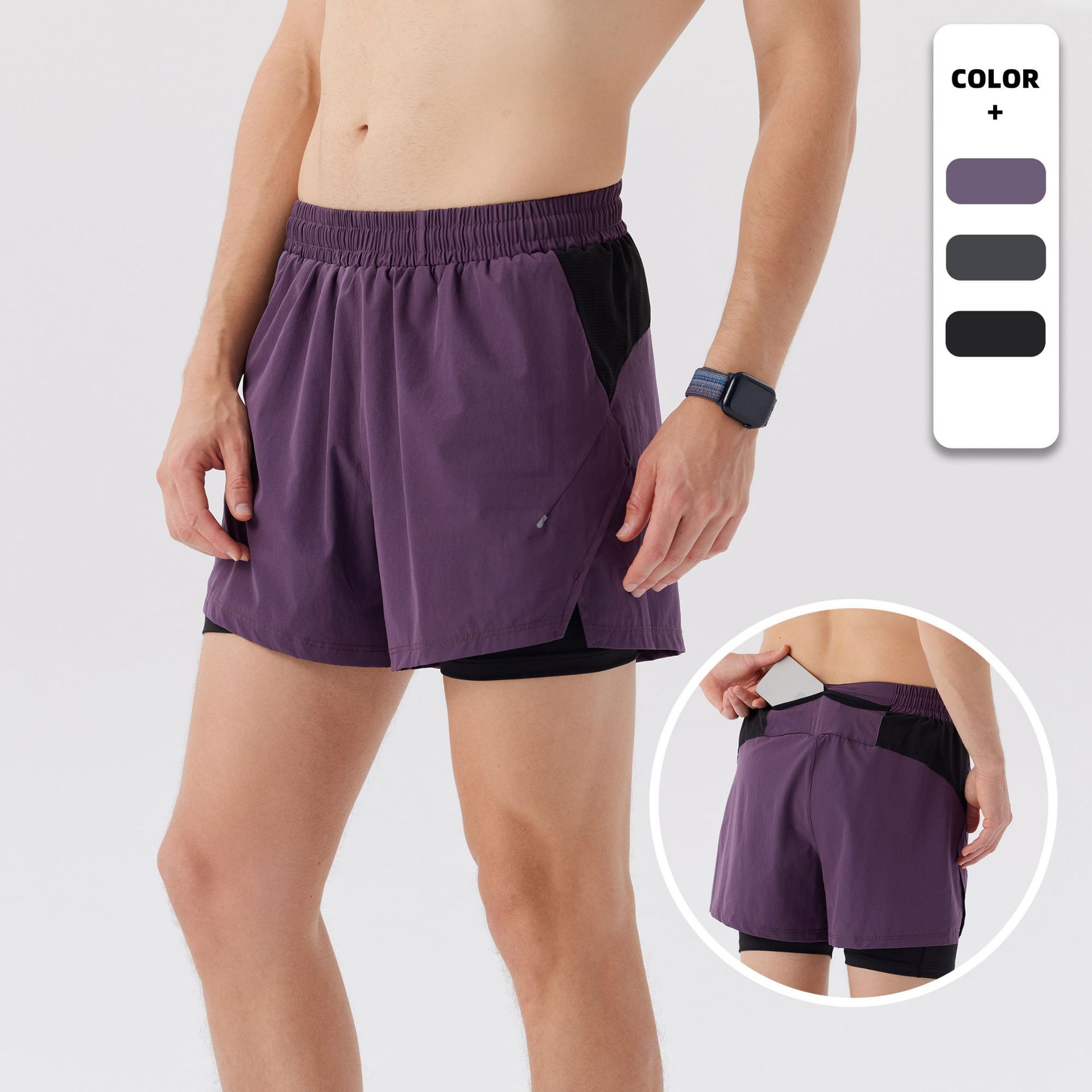 Running Shorts Men's Quick-drying Marathon Track and Field Three-point Pants with Lined Double-layer Pants Sports Fitness Mobile Phone