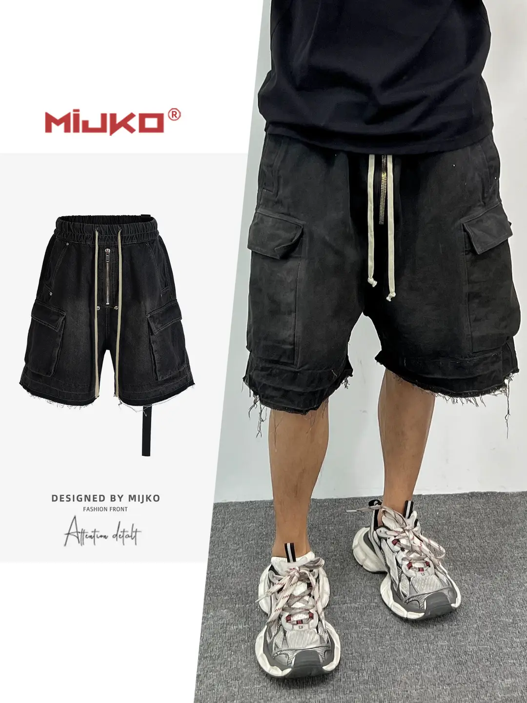RICK Style High Street Washed Old Vintage VTG Multifunctional Jeans Multi-Pocket Shorts Trendy Men's and Women's Same Style