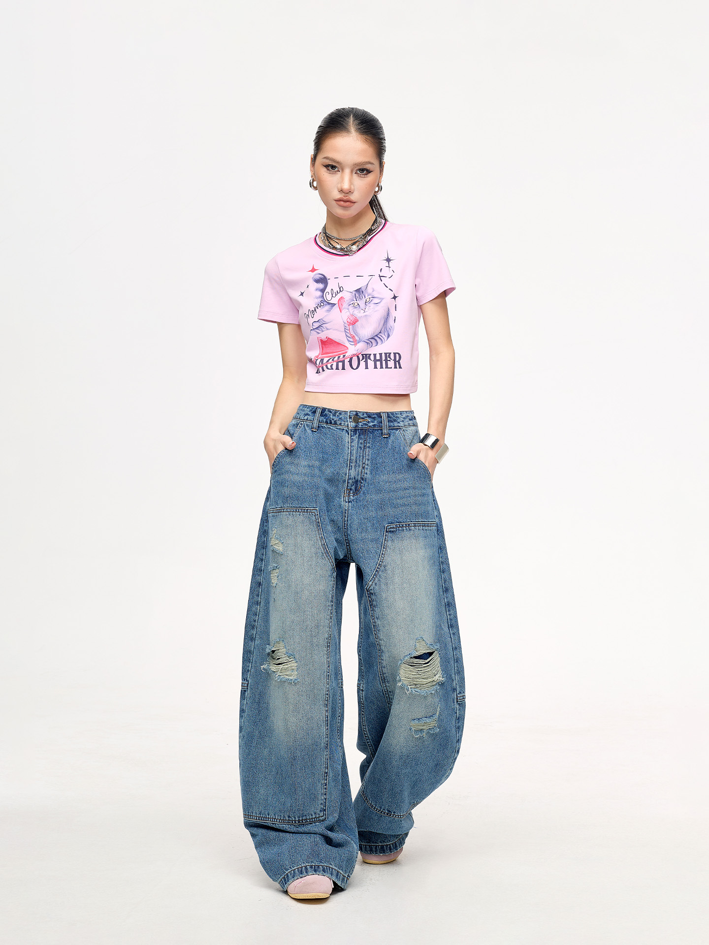 Trendy Blue Ripped Jeans for Women, American Style Sweet Cool Wide-Leg Floor-Length Pants, Loose Slimming Long Pants Ins